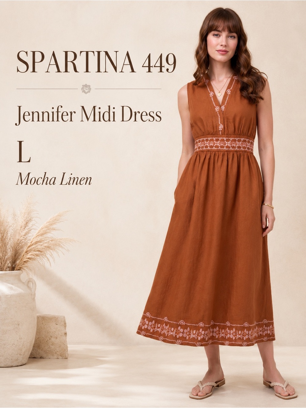 Spartina 449 Jennifer Midi Dress Mocha Embroidered Linen Size L